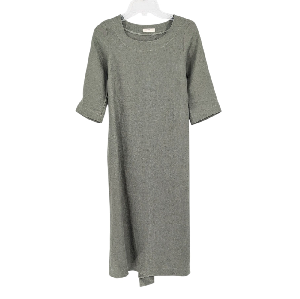 Menique Stone Green Casual 100% Linen Midi Wrap Dress Miley Size XS - Picture 2 of 9